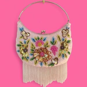 vintage! y2k! pink floral sequin beaded fringe shoulder bag!